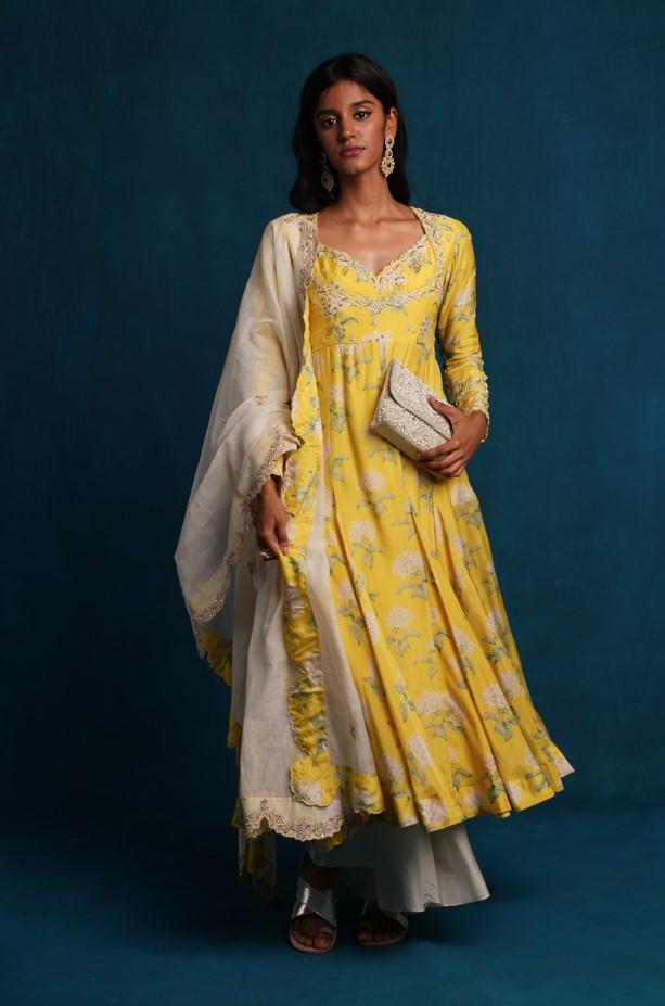 LIME YELLOW ANARKALI PANT DUPATTA