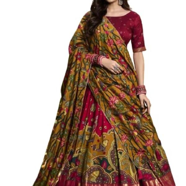 KrishuEthnics Women's Wedding Special Tussar Silk With Kalamkari Print Lehenga Choli
