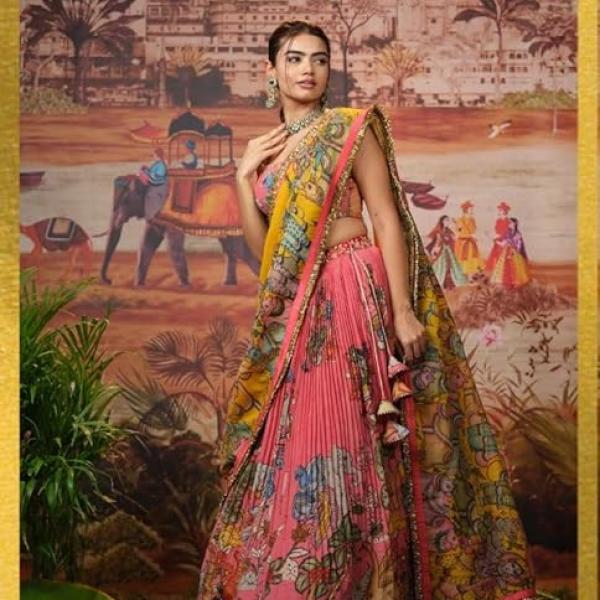 KrishuEthnics Peachish Kalamkari Print Chinon Silk Lehenga Choli