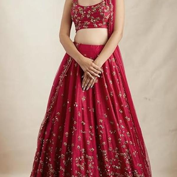 WeaRSquad Women’s Art Silk Lehenga Choli with Sequins Embroidery Work & Unstitched Blouse - Parti Wear Georgette Dupatta for Weddings and Special Occasions
