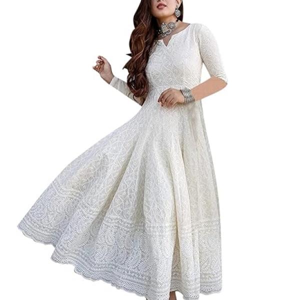 LookMark Women's & Girl's Straight Cotton Chikankari Long Kurti Gown