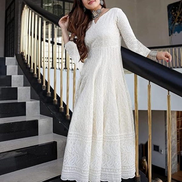 LookMark Women's & Girl's Straight Cotton Chikankari Long Kurti Gown