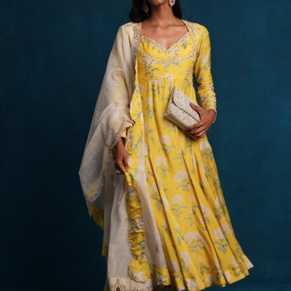 LIME YELLOW ANARKALI PANT DUPATTA