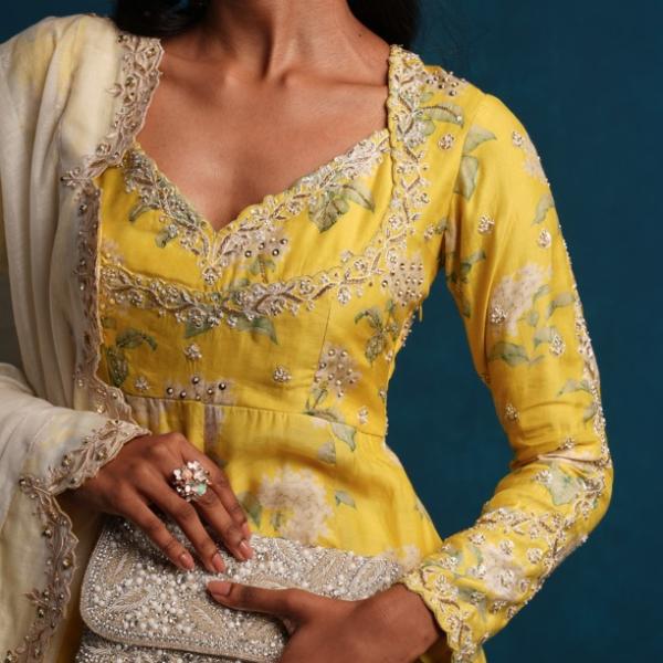 LIME YELLOW ANARKALI PANT DUPATTA