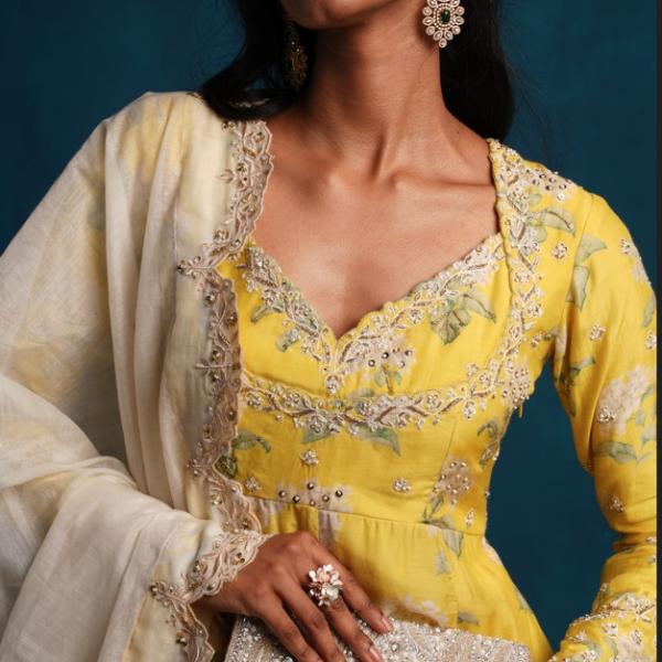 LIME YELLOW ANARKALI PANT DUPATTA