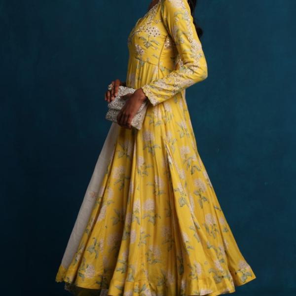 LIME YELLOW ANARKALI PANT DUPATTA