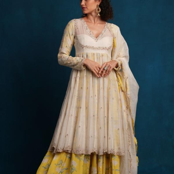 WHITE AND PINK FLORAL ANARKALI SET