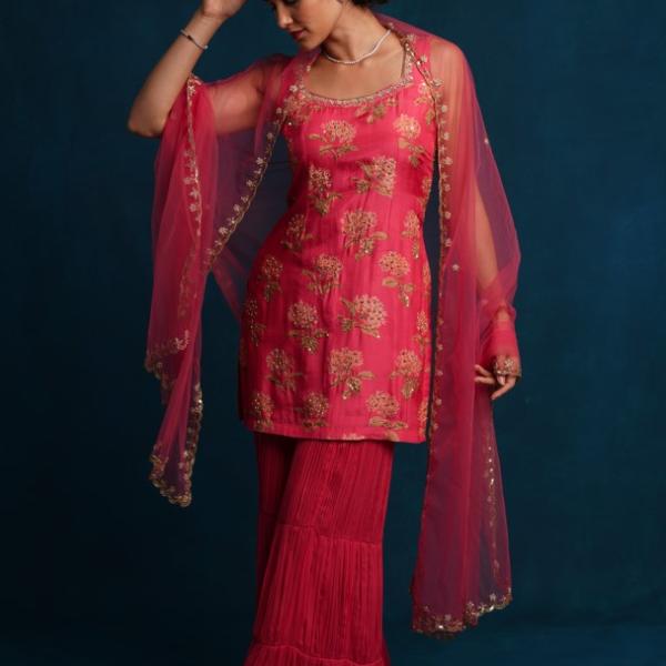 RANI PINK KURTI SHARARA DUPATTA SET