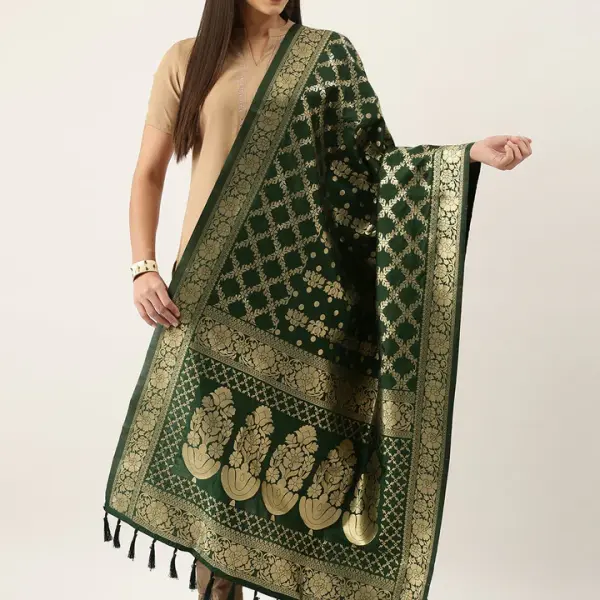 Banarasi Silk Floral Zari Woven Dupatta With tassels