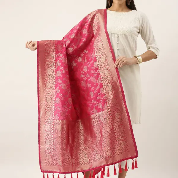 Banarasi Silk Gold Zari Butta With Tassels Dupatta