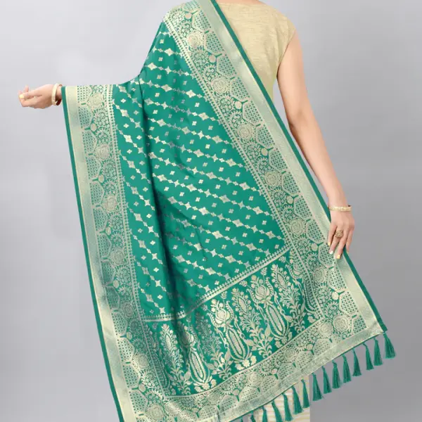 Teal & Gold Toned Woven Design Banarasi Dupatta